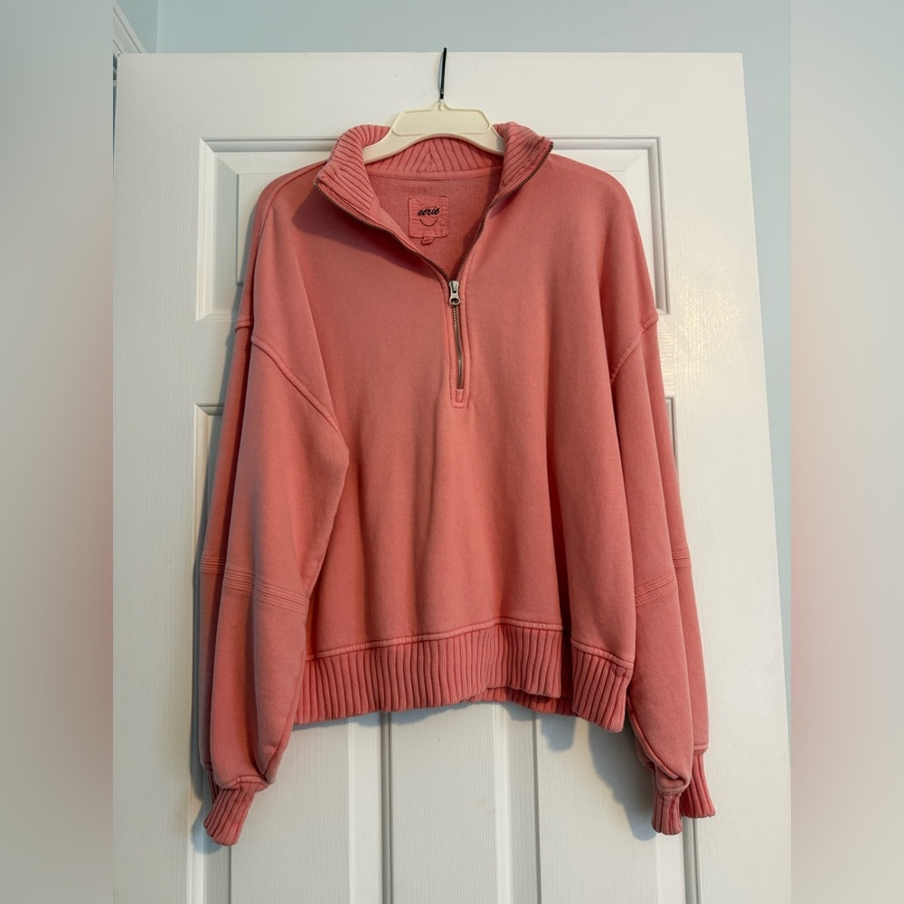 AERIE Oversized Pink Textured Knit Quarter-Zip Crewneck Sweatshirt